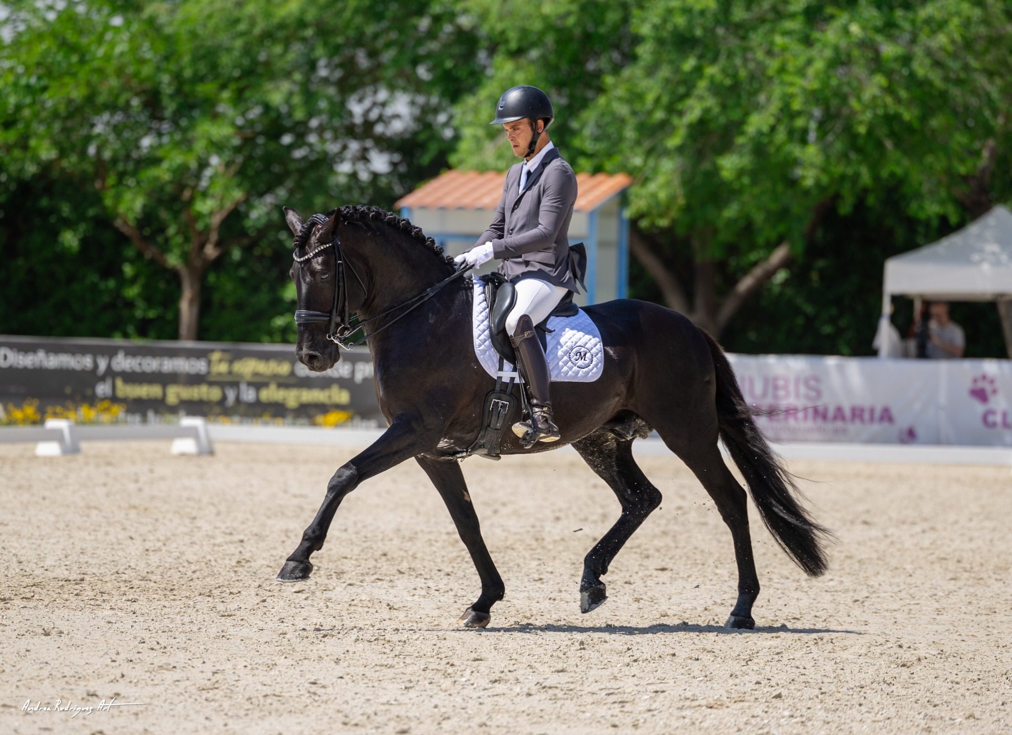 Mateo montando un caballo oscuro en pista de competición