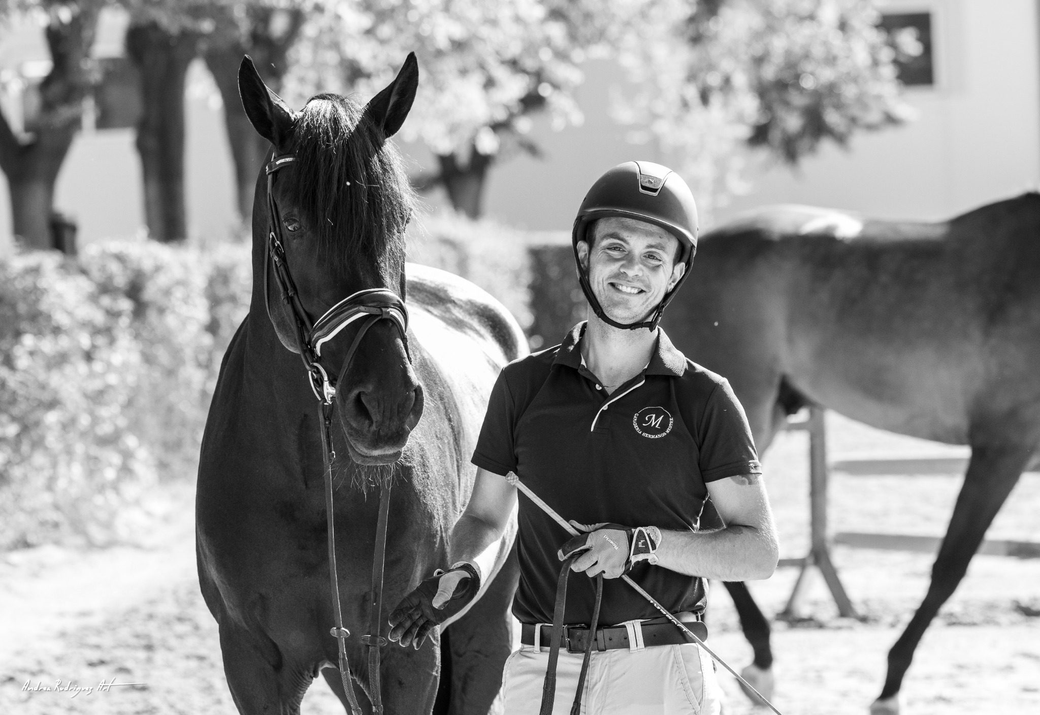 Mateo junto a un caballo de doma clásica